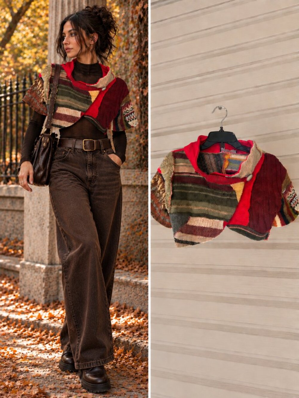 Myco Anna Red Olive Burgundy Multicolor Patchwork Cropped Jacket Boxy Whimsigoth